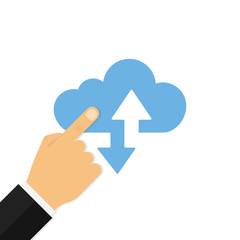 Hand clicking with finger blue cloud. Internet technology concept. Network or information design. Cloud sign. Isolated flat design.