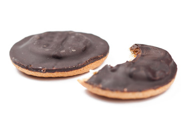 Chocolate cookies isolated on white background.Copy space