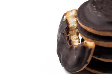 Chocolate cookies isolated on white background.Copy space