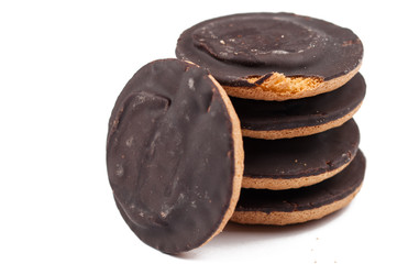 Chocolate cookies isolated on white background.Copy space