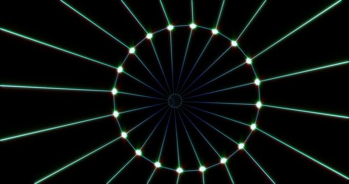 Abstract tunnel with neon light looped animation. Endless flight in cyberspace with futuristic electric grid net. Glowing dots and lines forming round pathway in darkness. Virtual reality cyber hole