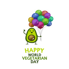 World Vegetarian Day Poster with cartoon characters. Hawaiian avocado stands with balloons and smiles. Isolated objects - top stock vector