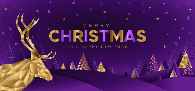 Festive background with deer and Christmas trees in geometric style. Unique design for banner, poster or invitation