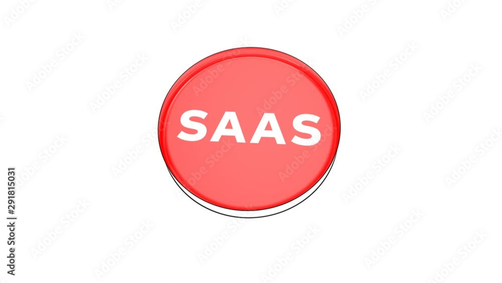 Poster pushing big red button with word saas.