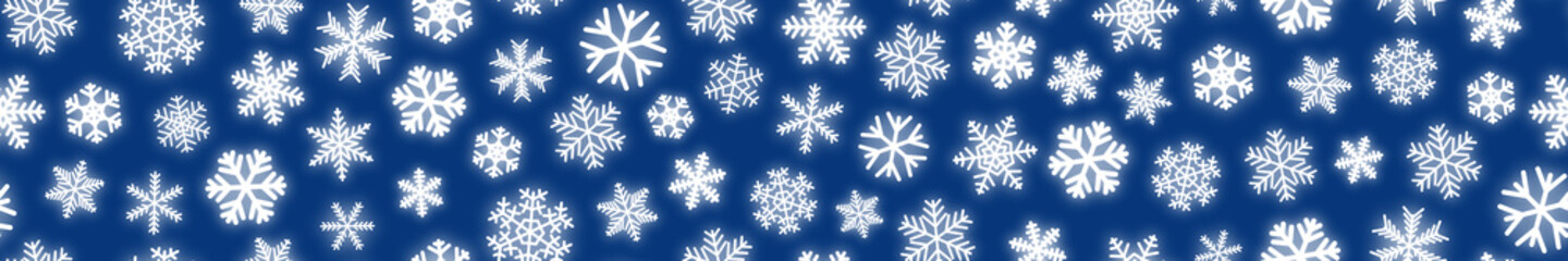 Fototapeta na wymiar Christmas horizontal seamless banner of white snowflakes on blue background