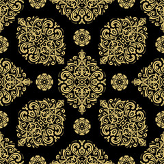 Classic seamless vector pattern. Damask orient ornament. Classic vintage black and golden background. Orient ornament for fabric, wallpaper and packaging