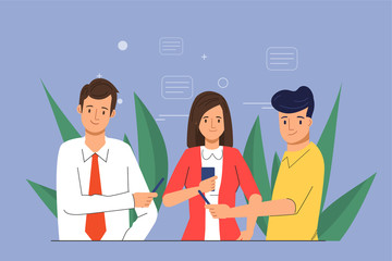 Social Network Landing Page Template.Young People Characters Chatting Using Smartphone for Website or Web Page. Virtual Communication Concept.