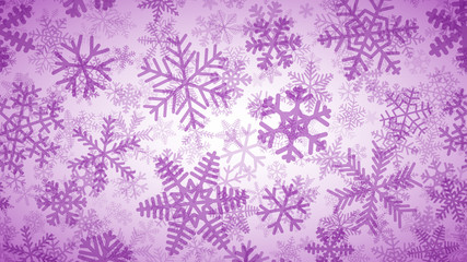 Fototapeta na wymiar Christmas background of many layers of snowflakes of different shapes, sizes and transparency. Purple on white