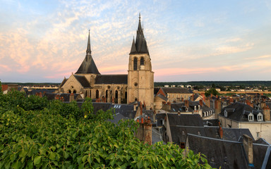 View of the Saint Nicholas Church and roof tops  of the old town of Blois at sunset. Loire Valley, France.