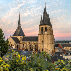 View of the Saint Nicholas Church and roof tops  of the old town of Blois at sunset. Loire Valley, France.