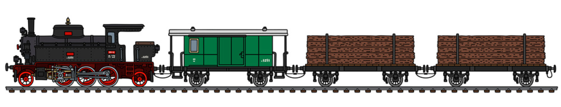 The vectorized hand drawing of a vintage timber steam train
