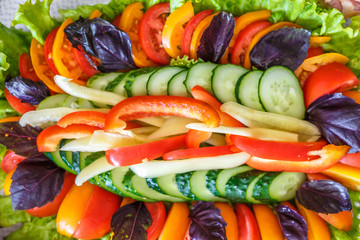 plate of salad slices of cucumber tomatoes sweet pepper lettuce and basil