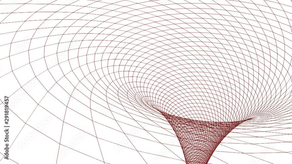 Poster the representation of a black hole with a red wireframe surface showing time-space falling to the si