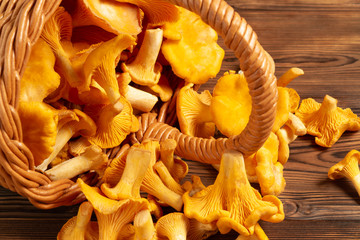 Wicker basket with chanterelles over an old wooden table, close up