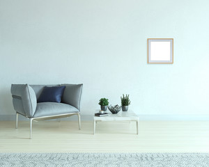 interior design of empty living room with a lamp and marble coffee table. 3D illustration
