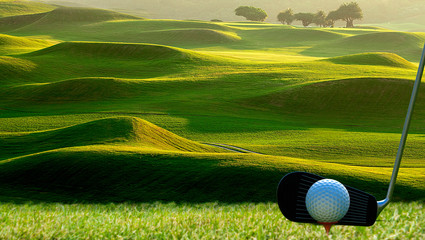 Collection of golf equipment resting with nice golf place