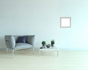 interior design of empty living room with a lamp and marble coffee table. 3D illustration