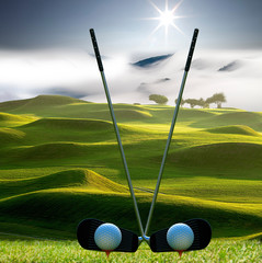 Collection of golf equipment resting with nice golf place