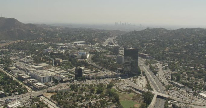 Aerial shot, day, high altitde view of burbank business section, drone