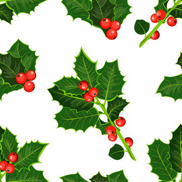 Seamless pattern green holly tree branch. Vector