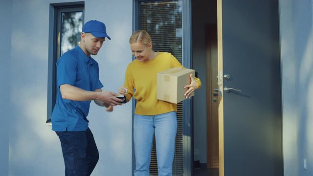 Beautiful Young Woman Opens Doors of Her House and Meets Delivery Man who Gives Her Cardboard Box Package, She Signs Electronic Signature POD Device. 