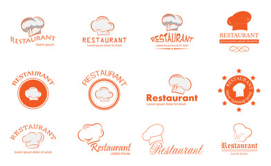 Chef Hat And Restaurant Logo Set - Isolated On White. Vector For Food Icon, Cooking Hat, Kitchen, Bar And Chef Logo Design. Restaurant And Chef Hat Logo For Bistro, Cook Elements And Food Labels