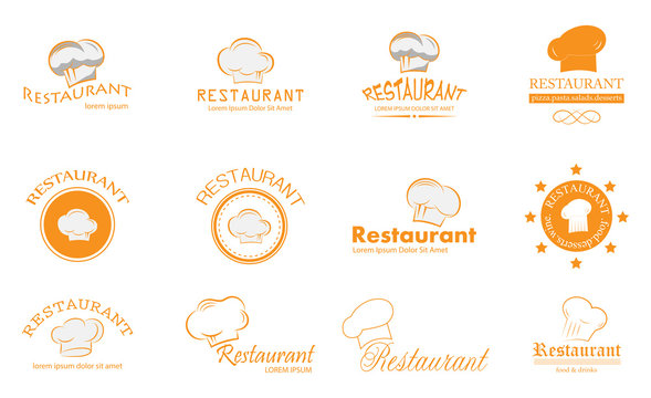 Chef Hat And Restaurant Logo Set - Isolated On White. Vector For Food Icon, Cooking Hat, Kitchen, Bar And Chef Logo Design. Restaurant And Chef Hat Logo For Bistro, Cook Elements And Food Labels