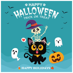 Vintage Halloween poster design with vector skeleton, cat, ghost, pumpkin character. 