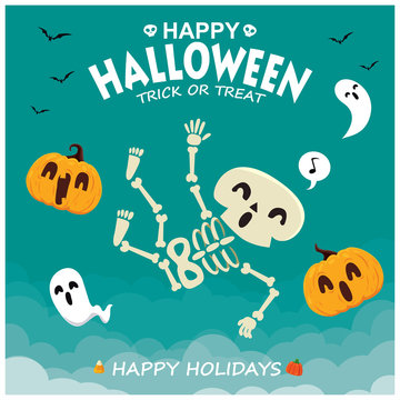 Vintage Halloween poster design with vector skeleton, ghost, pumpkin character. 