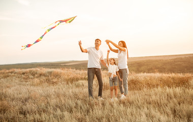 Happy family with kite in field