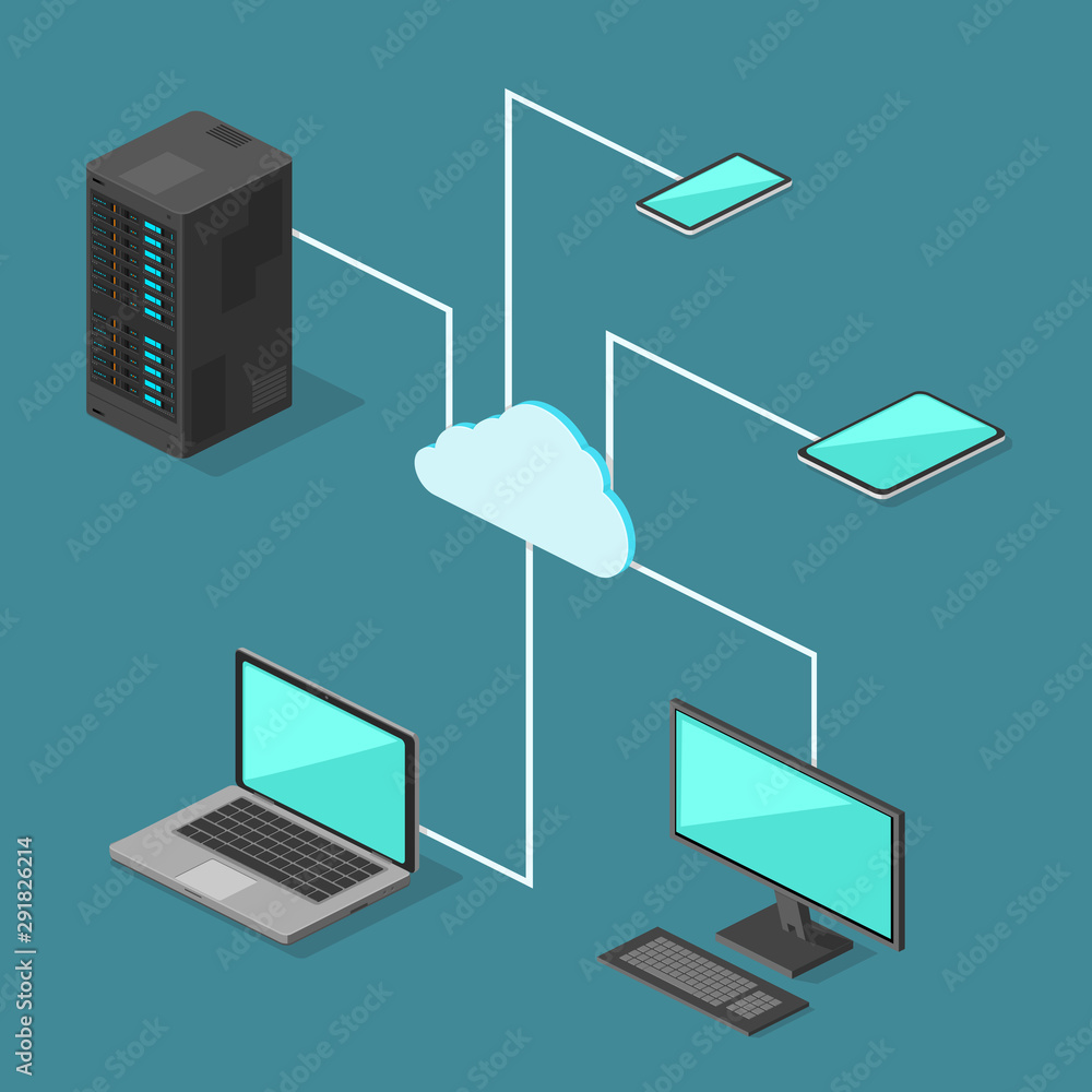 Wall mural flat isometric cloud technology computing network vector icon