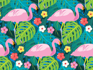 Monstera leaves, flamingo, colorful hibiscus flowers. Pattern for textile/fabric/garments/beachwear/flip flops etc © Pritha_EasyArts
