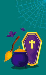 cauldron with set icons of halloween