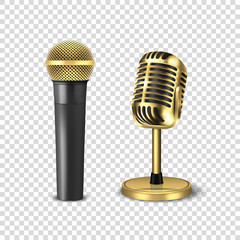 Vector 3d Realistic Steel Golden Retro Concert Vocal Stage Microphone Icon Set Closeup Isolated on Transparent Background. Design Template of Vintage Classic Karaoke Metal Mic. Front view