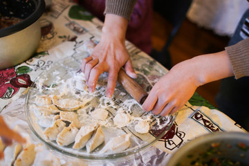 hands of man and woman in restaurant to make dumplings