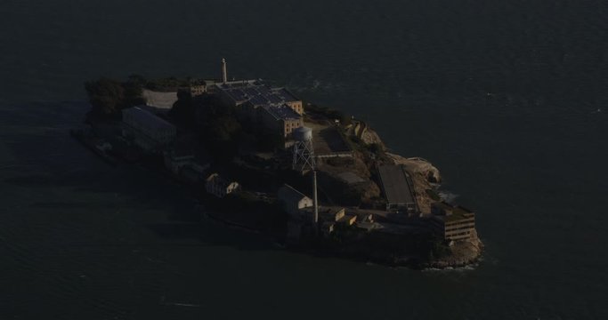 Aerial shot, day, zoom on alcatraz island, drone