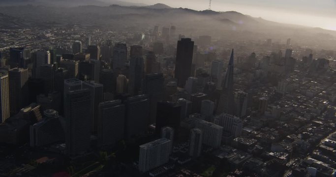 Aerial shot, day, beautiful panorama of downtown san francisco and fog from bay, drone