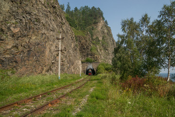 Steam locomotive on the Circum-Baikal Railway near lake Baikal in Eastern Siberia