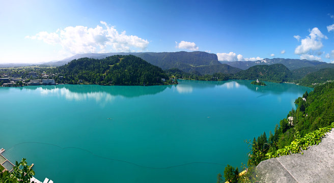 Panoramic aerial view of Bled Lake, Julian Alps, Slovenia. The lake is of mixed glacial and tectonic origin. It is 2,1 km long and 1,4 km wide, with a maximum depth of 29,5m, and it has a small island