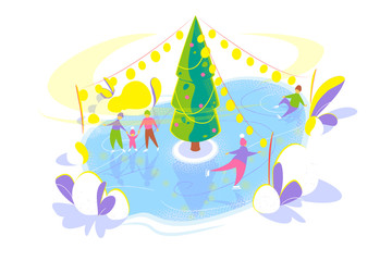 Ice skating people on Ice rink with Christmas tree. Snowy winter holidays concept. Seasonal Flat template on white background. Christmas holiday card. Isolated vector illustration.