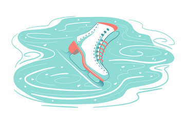 Retro Ice skate on scratched rink. Frozen Snow background with marks from skating. Winter season sport activity, Figure skating, holiday symbol card. Isolated vector illustration on white back.