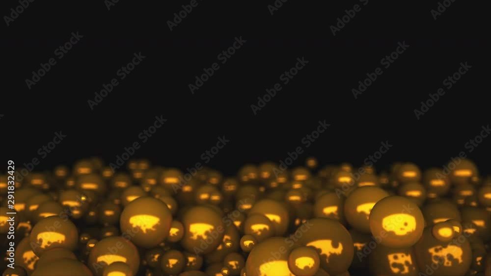Poster abstract 3d rendering, computer generated dense consistency of gold bubbles large and small on a bla