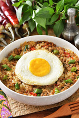 Stir fried minced pork with holy basil on rice. Thailand street food. 