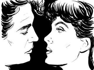 couple amour  sensuel ,croquis  noir et blanc visage de profil homme et une femme prêt à se faire un baiser sur les lèvres, encrage vectoriel - 291833435
