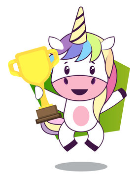 Unicorn with trophy illustration vector on white background.