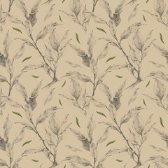 Seamless pattern with pencil drawing of a laurel branch
