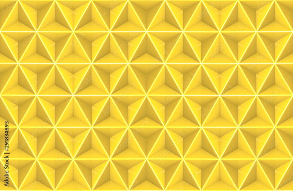Poster 3d rendering. seamless yellow gold tri polygon in hexagon shape pattern design wall art background.