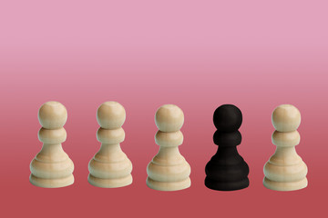wooden chess pieces, one white pawn in a row of black ones, business concept, close-up, copy space