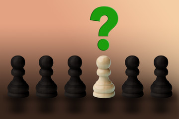 wooden chess pieces, one white pawn in a row of black ones, business concept, close-up, copy space,...