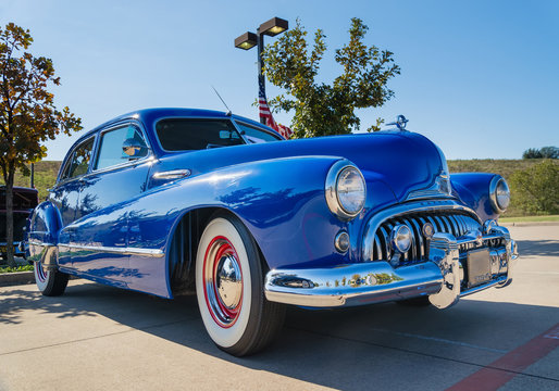 A front side view of a blue vintage 1947 Buick Super classic car on October 18, 2014 in Westlake, Texas.